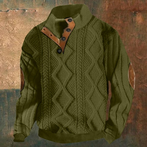 FAOWME Mens Pullover Long Sleeved Stand Collar Color Block Buttons Comfortable Fashion Warm Jacket For Autumn Winter Daily Wear Army Green L