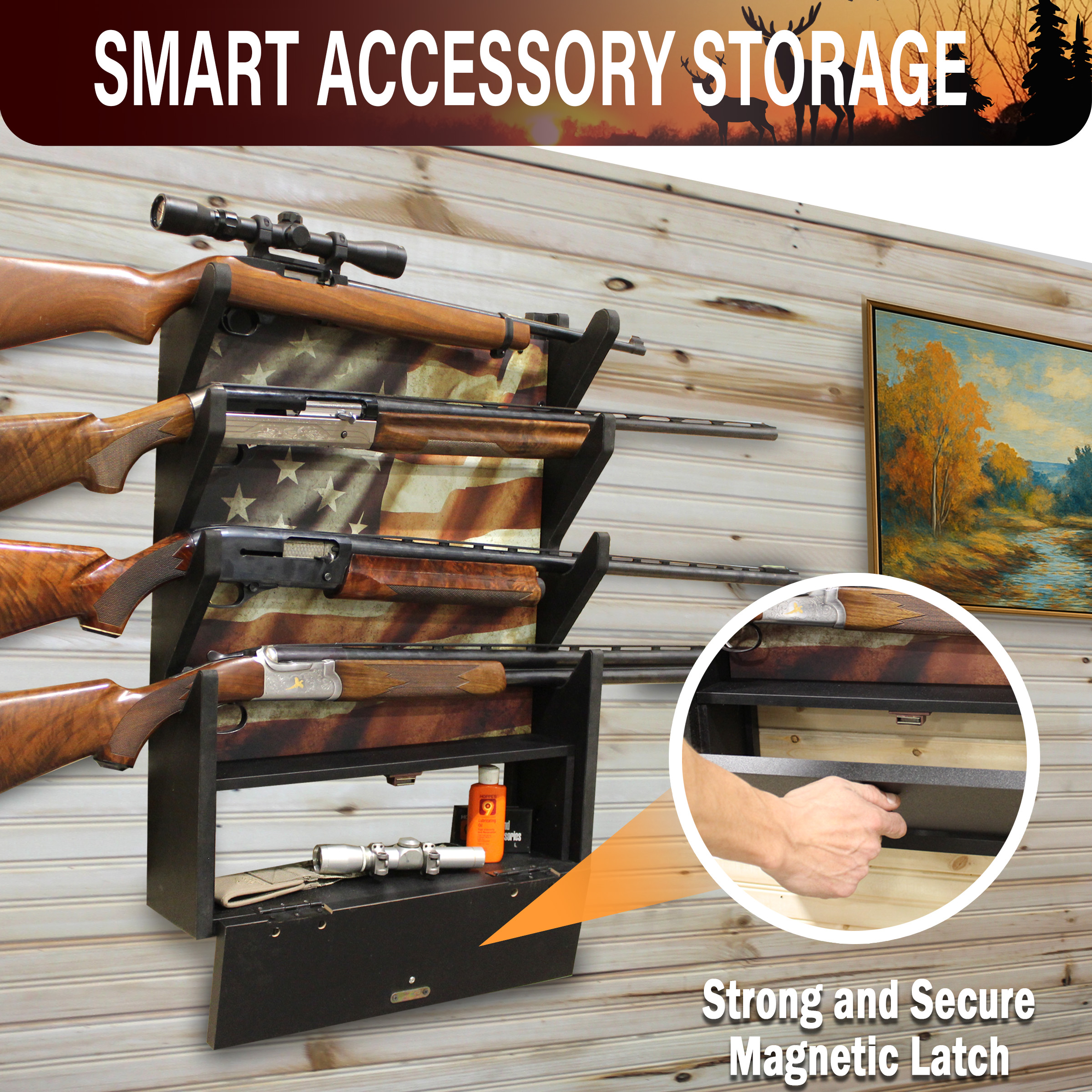 Rush Creek Creations Americana 4-Gun Rifle & Shotgun Wall Rack