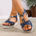 thumbnail image 2 of IWRICH Womens Wedge Sandals Flower Low Heel Dressy Sandals Elastic Ankle Strap Rhinestone Summer Comfortable Shoes Blue2 9, 2 of 9
