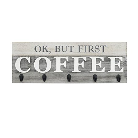 Barnyard Designs 'Ok, But First Coffee' Mug Holder - Rack - Display, Rustic Farmhouse Wood Coffee Wall Decor Sign for Kitchen, Bar, Cafe 24" x 8.5"
