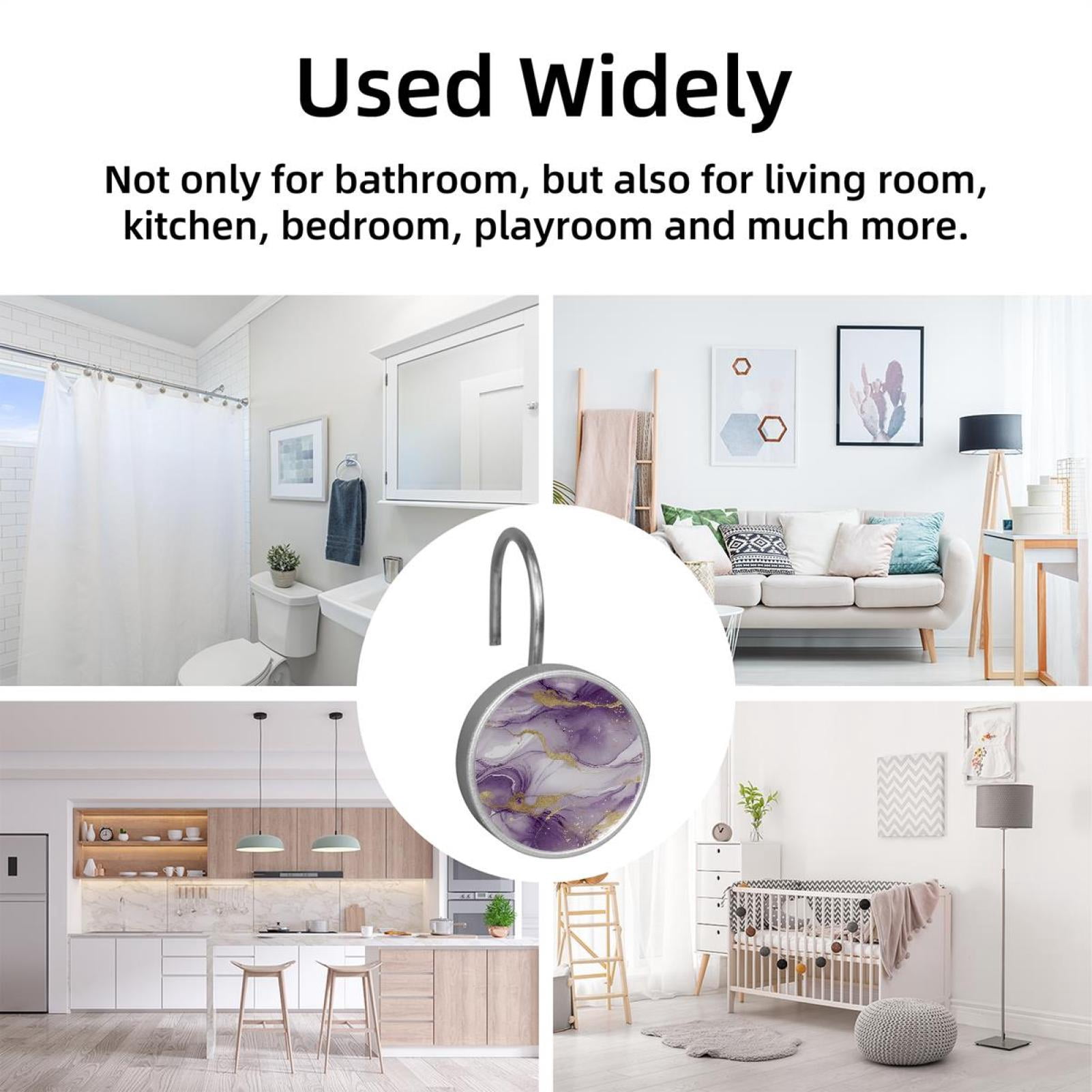 HemaKayy 12 Pcs Shower Curtain Hooks Bathroom Decorative Accessories Purple White Marble