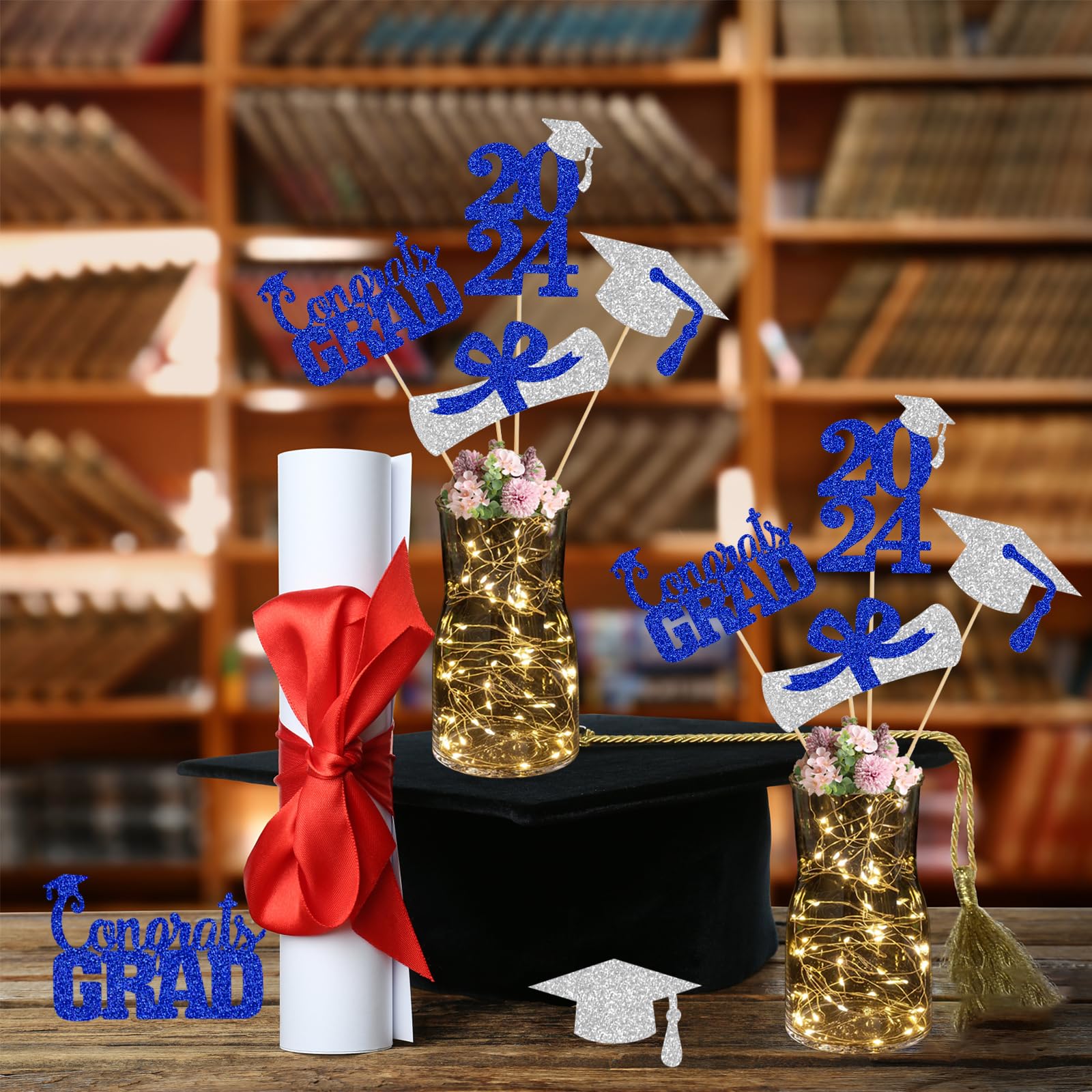 Blue and Silver Graduation Centerpiece Sticks 2024 with LED String