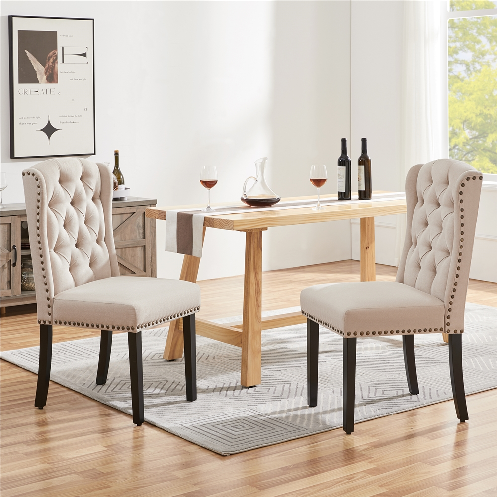 SMILE MART 2pcs Upholstered Tufted Dining Chairs with Wing Design for Kitchen, Beige - image 3 of 6