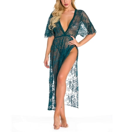 

Inkach Long Dress Nightdress Underwear Lace Cardigan Long Skirt Nightgown Suit