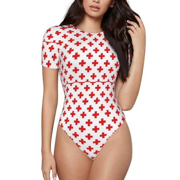 Fotbe Red Cross Body de Mujer con Cuello Redondo y Mangas Cortas, Sin Mangas Ajustado, Suave, Cómodo y Básico-XX-Large