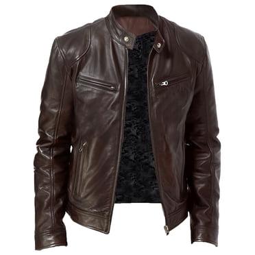 HOOD CREW Men's Stand Collar Faux Leather Jacket - Motorcycle Style With Zipper Pockets, Black, Size L