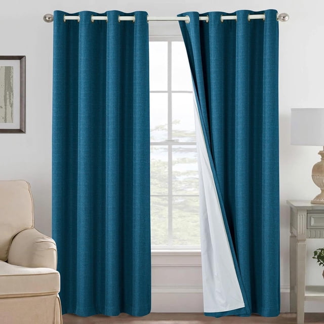 Cortinas Blackout Premium de Poliéster y Acabado Frontal Lino con Aislamiento Térmico y Acústico, 100% Blackout, Ojal Superior y Capa Trasera con Revestimiento, 2 Paneles 132x213cm c/u (8010)