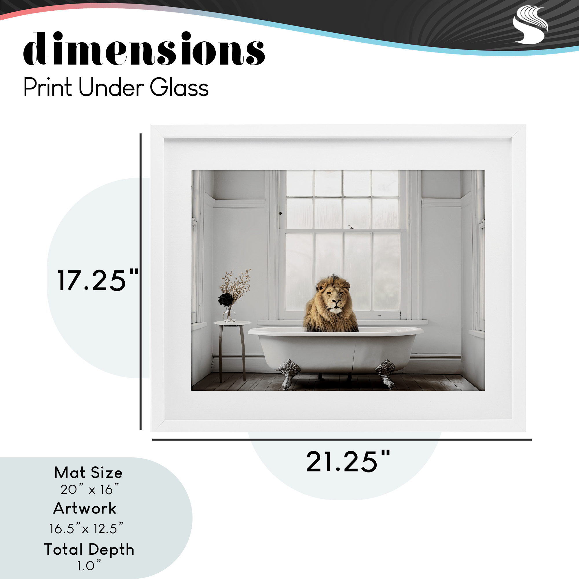 Minimalist Lion Bathtime White Framed Print Under Glass, design by Sasha