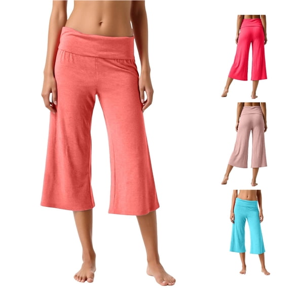 SONXAHE Women's Fold Over Waist Capris Flared Yoga Daily Cropped Trousers
