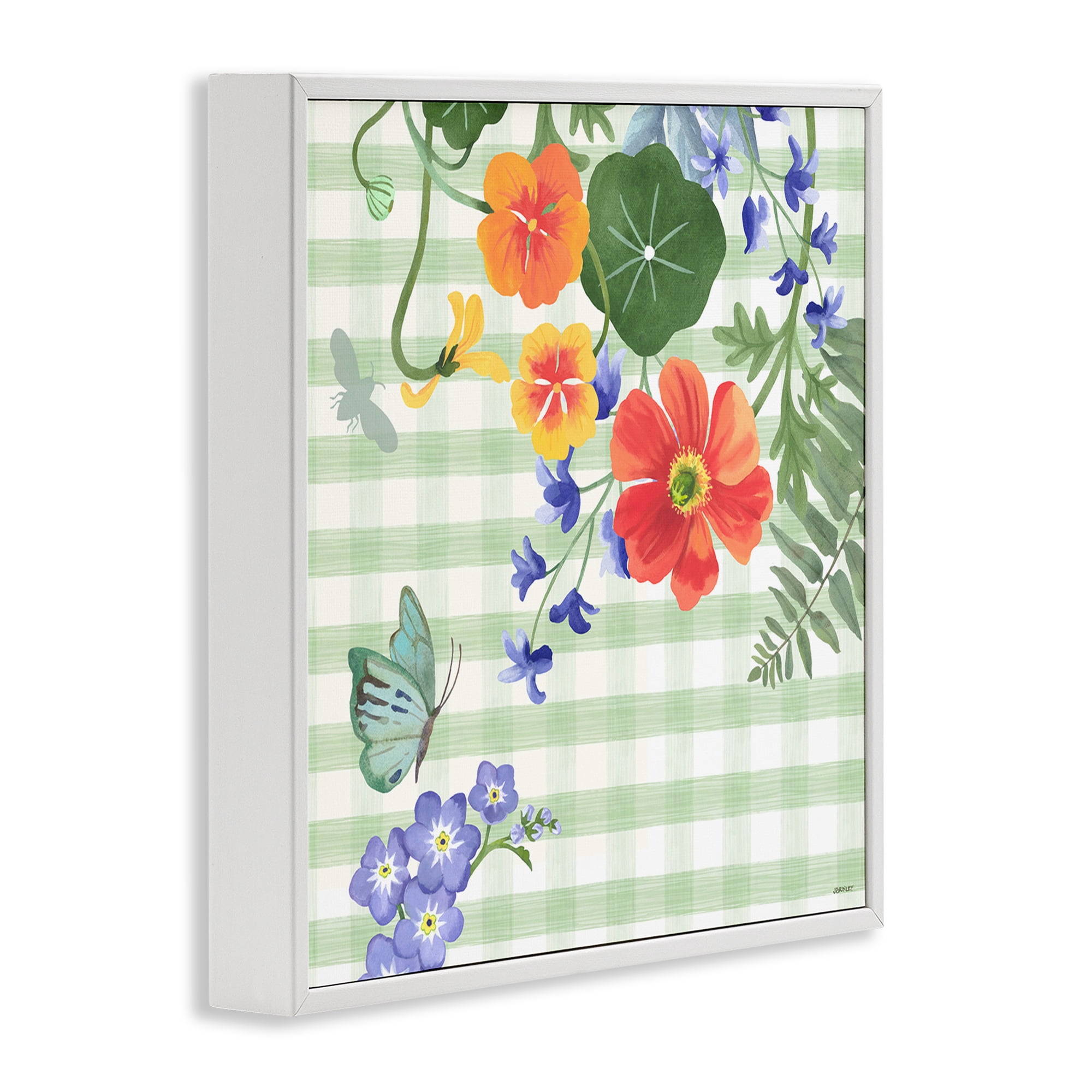 Stupell Industries Green Gingham & Poppies Botanical & Floral Painting White Framed Art Print Wall Art, 24 x 24