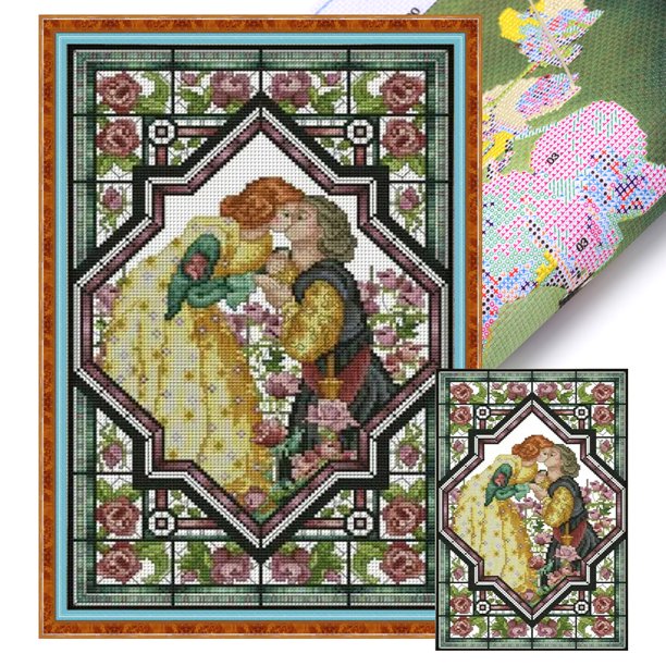 Hilo Algodón Bordado 14CT Amantes en Un Jardín Rosas Punto Cruz 29x42cm