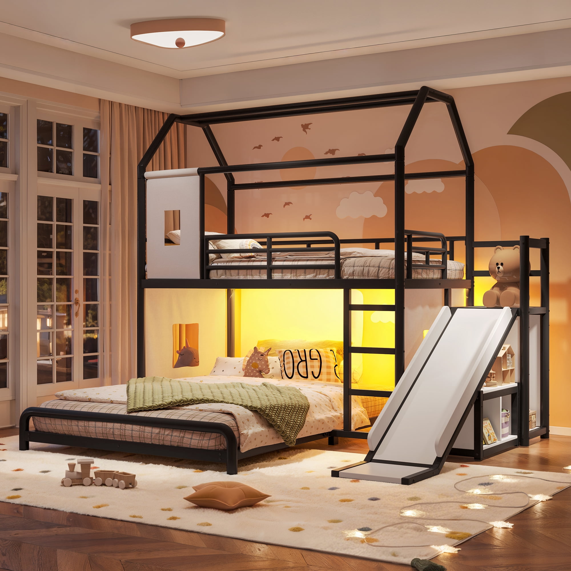 HOQBN Metal Bunk Bed Twin over Full,Playhouse Bunk Bed Frame with Slide & Ladder,LED Light Strip, Privacy Curtain, Movable Storage Cabinet and Hanging Rod,Black