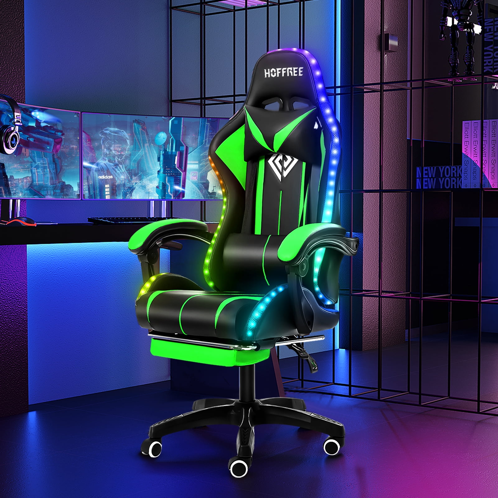 Hoffree Gaming Chair with Massage PU Leather Office Chair with Footrest and LED Light Ergonomic Gamer Chair Lumbar Support Adjustable Headrest High Back Computer Desk Chair for Home Office