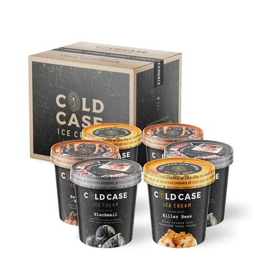 Cold Case Ice Cream 3 Strikes Box 6 Pack Gourmet Ice Cream Case Includes Three Flavors - Blackmail, Killer Bees, and Better Than Sex Cake - 1 Case, 6 Pints,16 oz/Pint (Frozen)