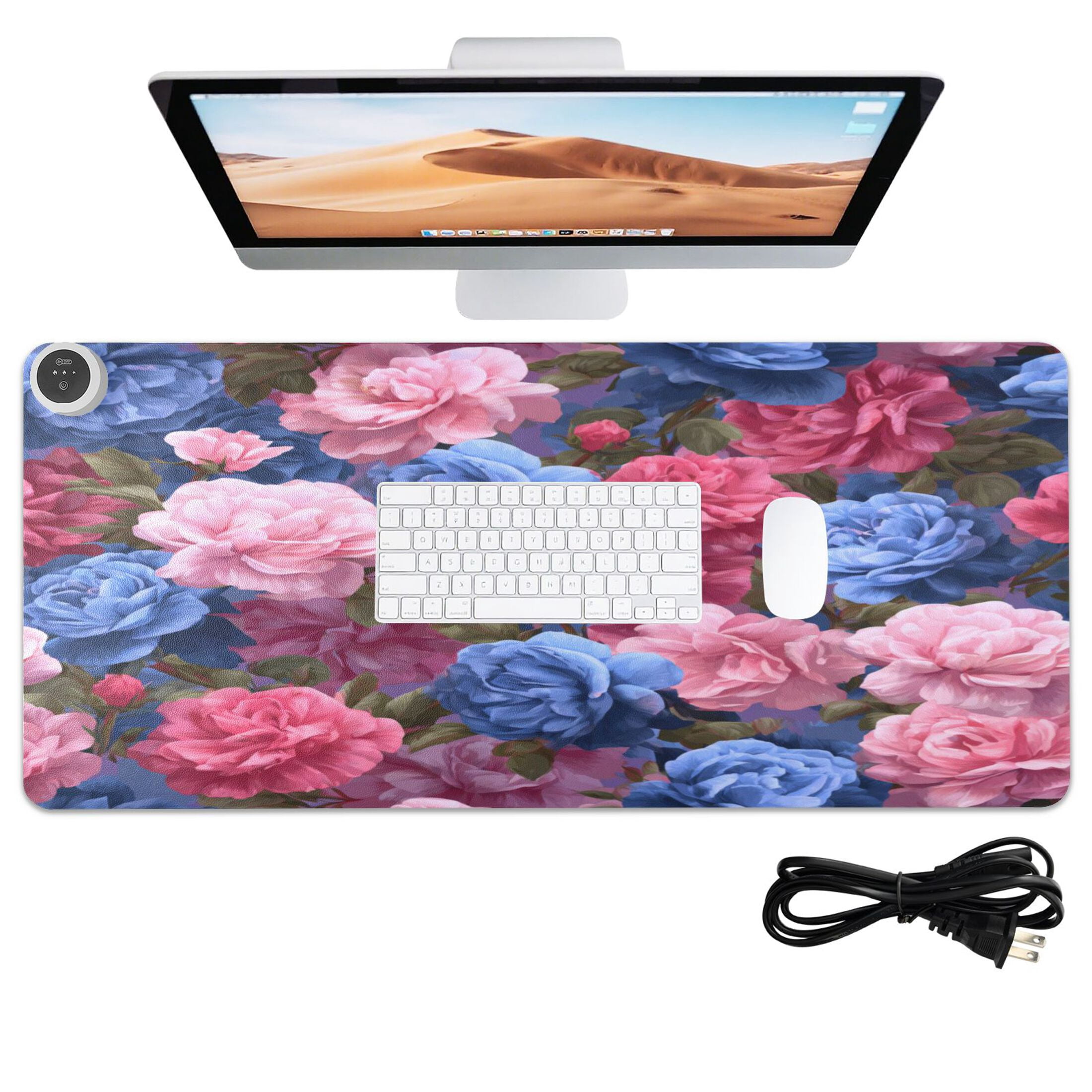 Large Heated Desk Mat Mouse Pad 31.5"x13"PU Leather Graphene Heating Desk Warmer with 3 Temperature Settings 110V US Plug Non-Slip Warm Pad for Home, Office, and Gaming Lush Peony Bouquet Print