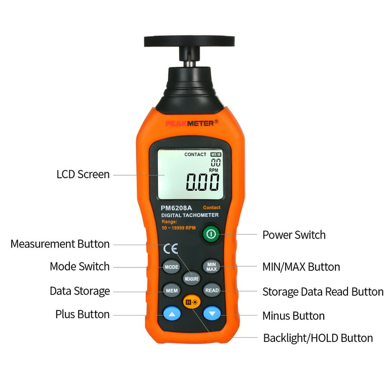 PEAKMETER Digital Tachometer Handheld Contact Motor Tachometer LCD Speedometer  Tach RPM Meter Contact-type Digital Tachometer Wide Measuring Rang  5019999rpm 