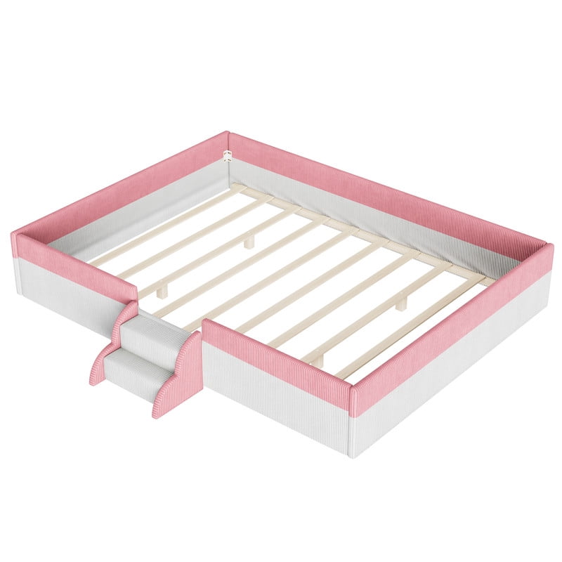 Queen Size Upholstered Floor Bed with Fence, Corduroy Montessori Bed Toddler Bed with 2-Tier Steps and Smart LED Lights, Low Profile Platform Bed for Kids