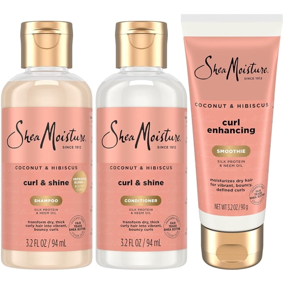 SheaMoisture Travel Shampoo, Conditioner, Leave-In Curl Smoothie, 3.2 Oz Ea | Coconut & Hibiscus, Anti-Frizz Hair Products for Curly Hair | Silk Protein, Neem Oil & Shea Butter for Healthy, Bouncy Cu