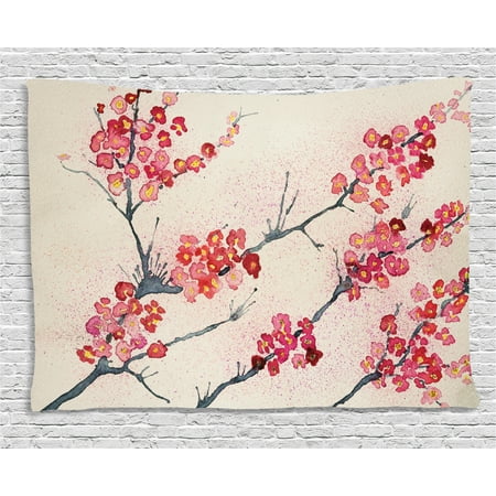 - Floral Decor Tapestry, Asian Theme Cherry Blossoms Sakura Eastern Old Style Painting Like Print, Wall Hanging for Bedroom Living Room Dorm Decor, 80W X 60L Inches, Pink Beige Gray, by Ambesonne