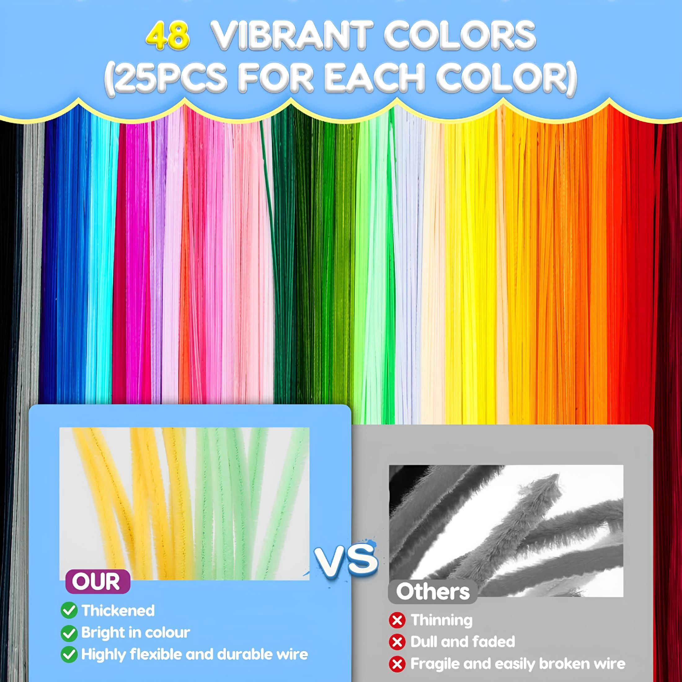 CCOCC 2026 New 1200Pcs Pipe Cleaners Craft,Pipe Cleaners Bulk for Arts&Crafts Supplies Multi-Color Chenille Stems Diy Project Room Decor,Christmas Decorations Creative Toys Gift(12Inch6Mm,48Colors)