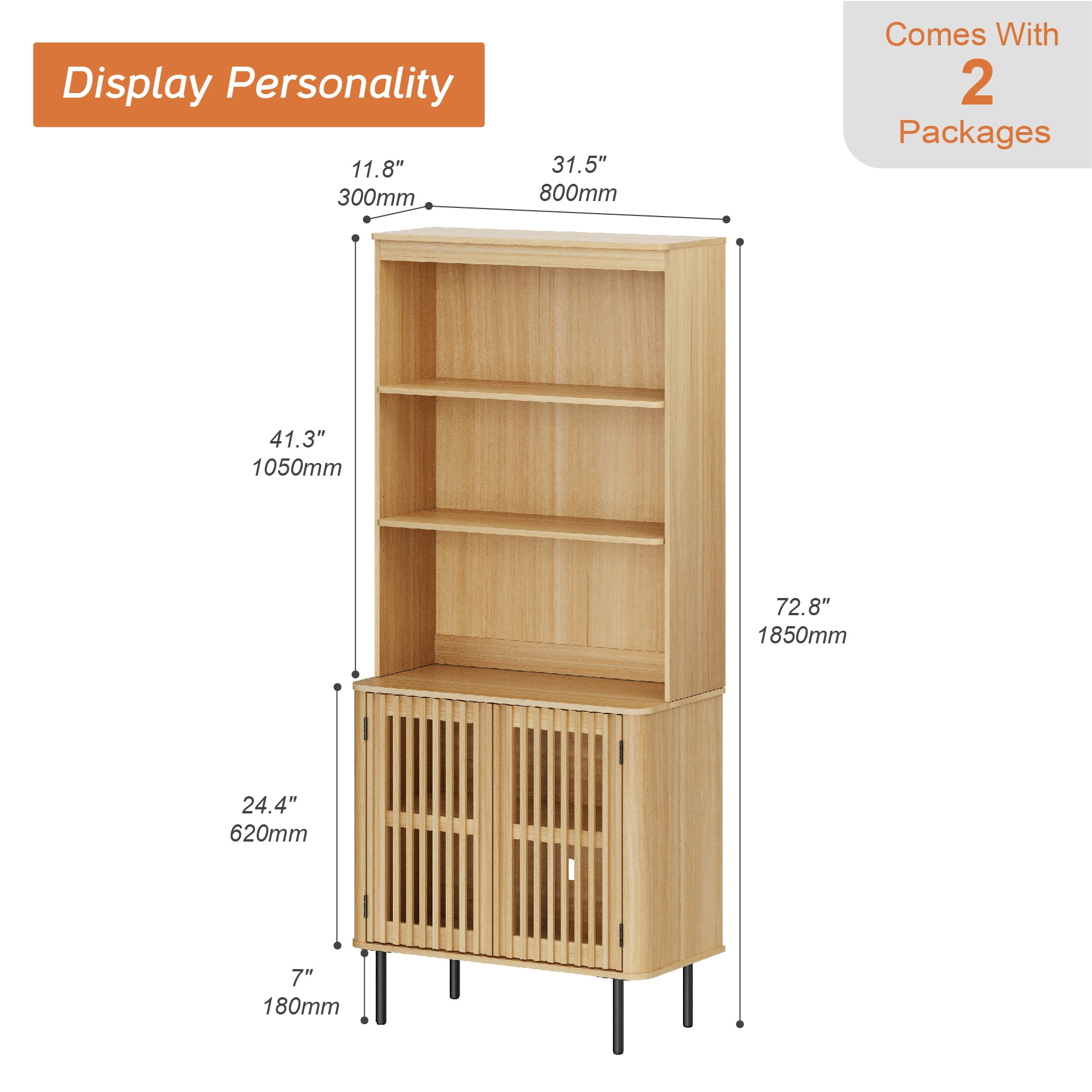 3-in-1 Kitchen Pantry Cabinet 72.8" Tall, Fluted Doors, Adjustable Shelves, Cable Mgmt, Metal Legs, Coffee Bar Storage for Dining Room, Oak