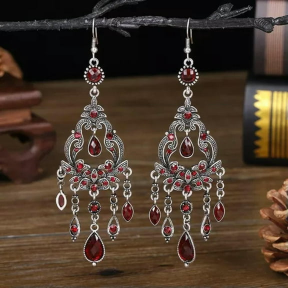 K-KED 4.5 Inch Retro Silver Long Red Drop Crystal Tassel Chandelier Hook Earrings