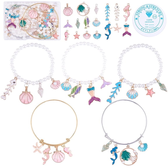 DIY Ocean Theme Bracelet Bangle Making Kit Including Fishbone & Spiral Shell & MermAlloy Enamel Pendants Plastic Pearl Beads Expandable Bangle Mixed Color 164Pcs/box