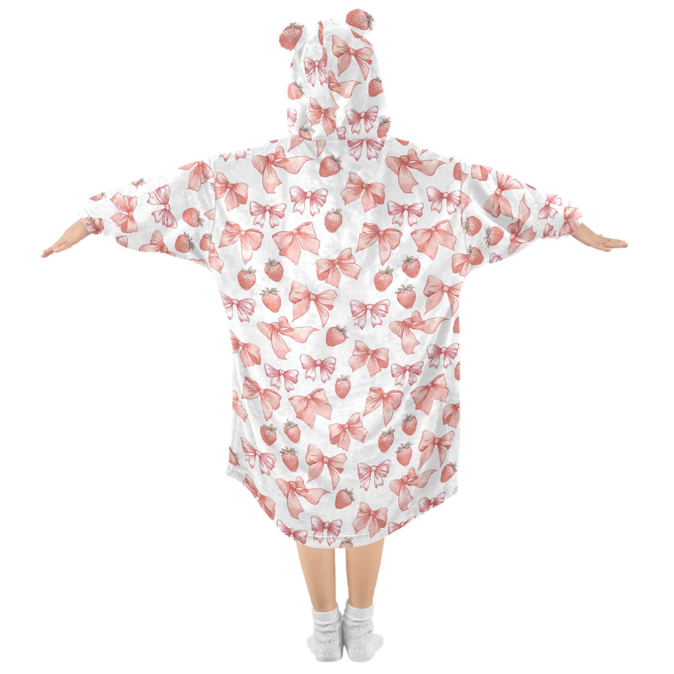 Wearable Blanket Hoodie for Kids Pink Bows Strawberries Flannel Hooded Blanket with Pockets and Sleeves Suitable for Boys and Girls