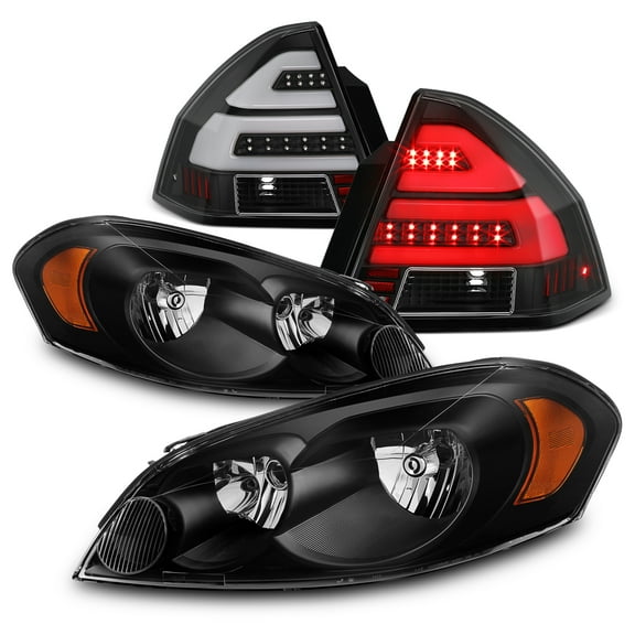 AKKON - Fits 2006-2013 Chevy Impala 2014-2016 Impala Limited Black Headlights   LED [Tube Bar] Black Tail Light Combo Pair