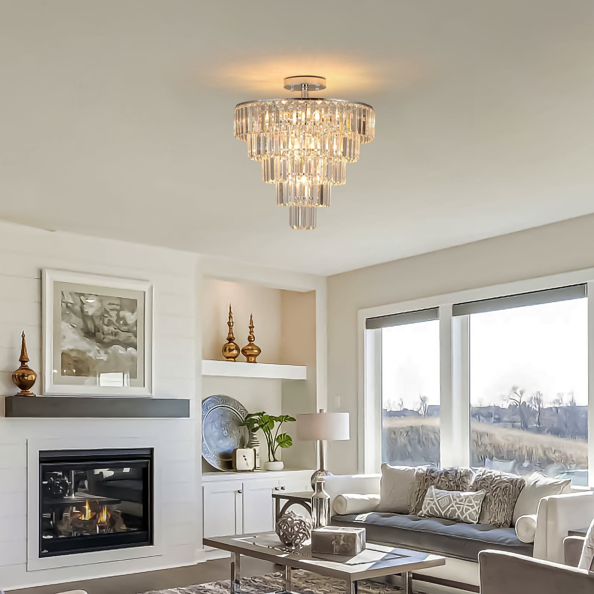 Jopath 20" 5-Tier Round Crystal Chandelier Ceiling Light, Modern Luxury 10-Light Flush Mount Light Fixture, Elegant Home Lighting for Living Room, Dining Room, Bedroom Silver (No Bulbs)