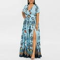 thumbnail image 4 of Usmixi Womens Dresses Plus Size Vintage Empire Waist Pleated Slit Swing A Line Party Long Dresses Fashion Butterfly Print V-Neck Short Sleeve Maxi Summer Dress Blue XXXXL, 4 of 7