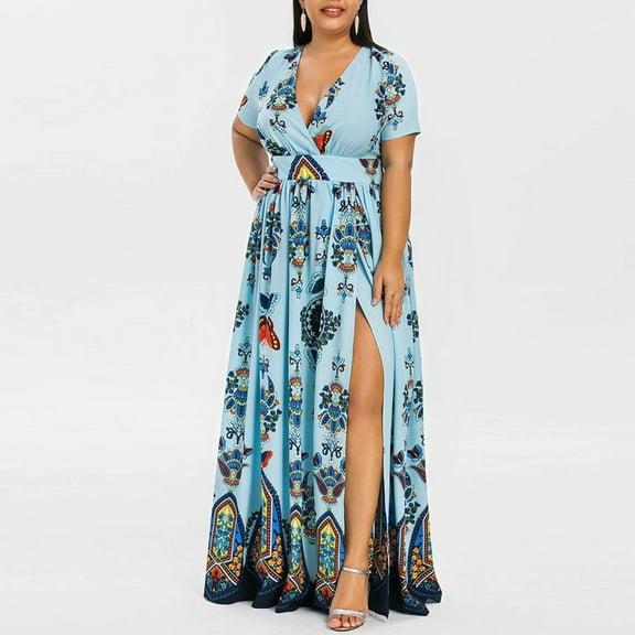 Usmixi Womens Dresses Plus Size Vintage Empire Waist Pleated Slit Swing A Line Party Long Dresses Fashion Butterfly Print V-Neck Short Sleeve Maxi Summer Dress Blue XXXXXL