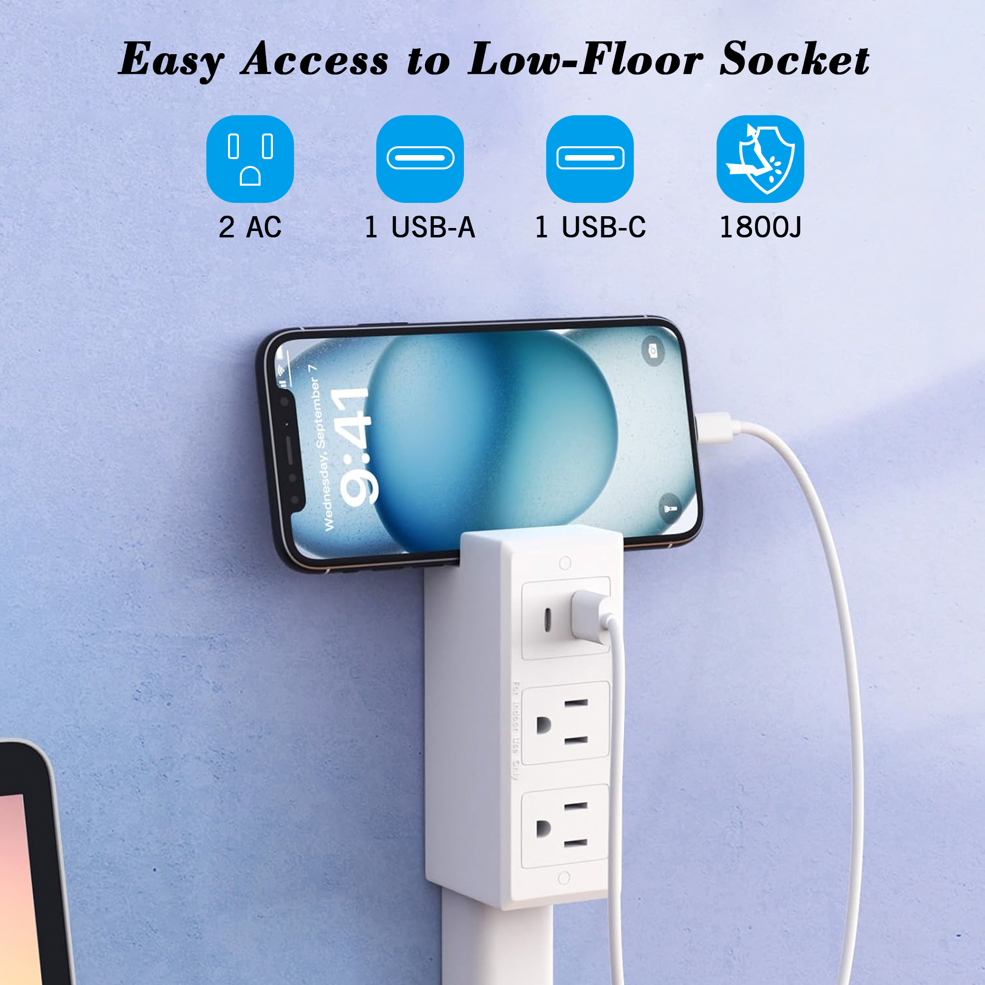 Extended and Rotating Outlet Features USB-A, USB-C, and 2 Ac Outlets, Extendable Wall Outlet Extends 22-34, 180° Swivel, Rotating Outlet for Behind Couches