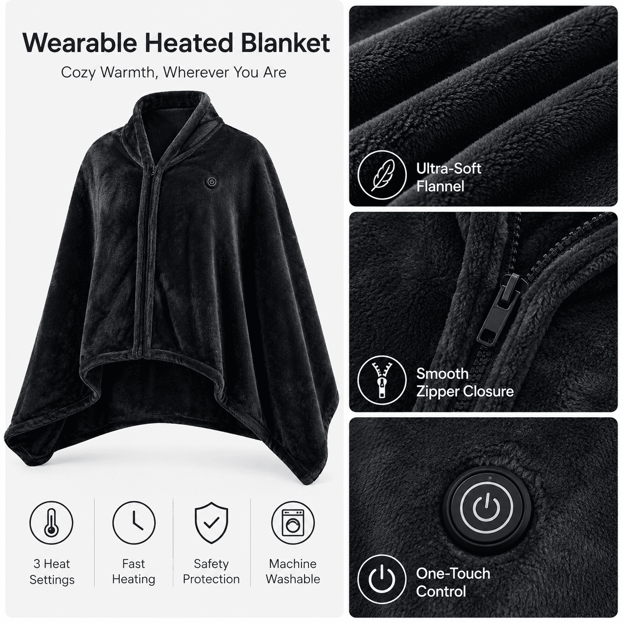 USB Heated Blanket, Poncho, and Shawl Wrap – Washable, Zippered, 59x31 inches for Home and Office
