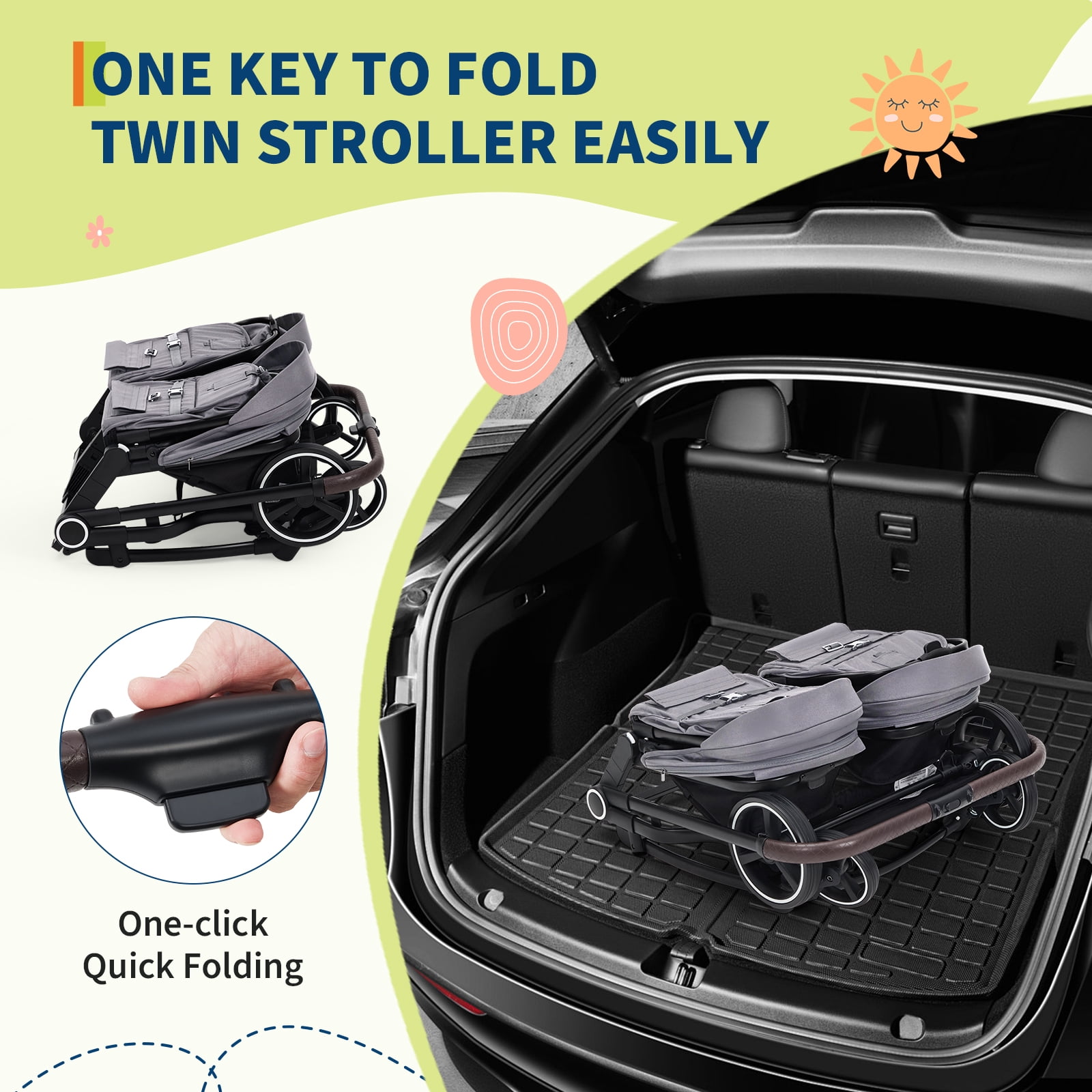 Roromall Side by Side Double Stroller for Twins, Adjustable Compact Folding Baby Travel Stroller with High Landscape Seat, Lightweight Canopy & Recline for Infant and Toddler