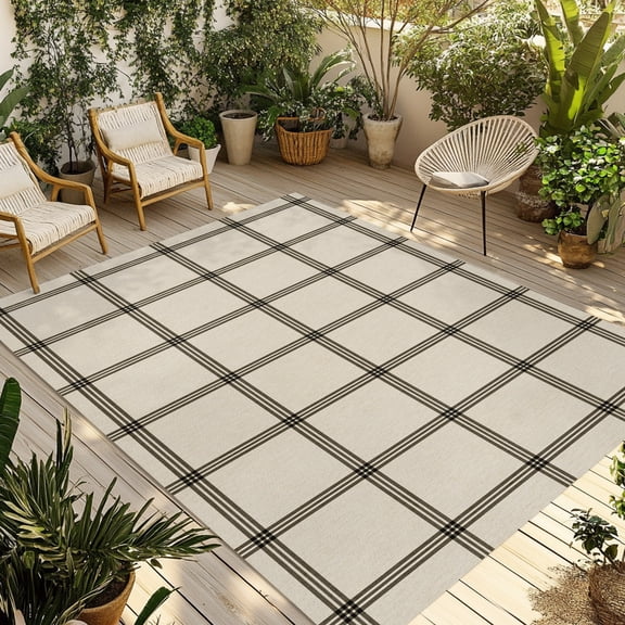 Black Stripes Outdoor Area Rug 4x6ft Decorative Indoor Outdoor Rug Vintage Graffiti Plaid Patio Area Rug for Porch, Deck, Balcony, Entryway, Camping & RV