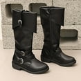 thumbnail image 4 of Wide Calf Knee High Boots Women Zipper Fold Over Leather Tall Riding Booties Round Toe Buckle Strappy Fall Winter Long Boots, 4 of 7