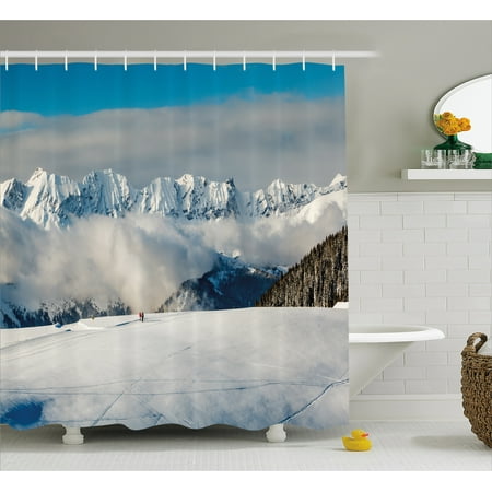 Winter Shower Curtain, Panoramic View on Mountains and Two People Walking French Alps Hiking Travel, Fabric Bathroom Set with Hooks, 69W X 70L Inches, Blue White Brown, by