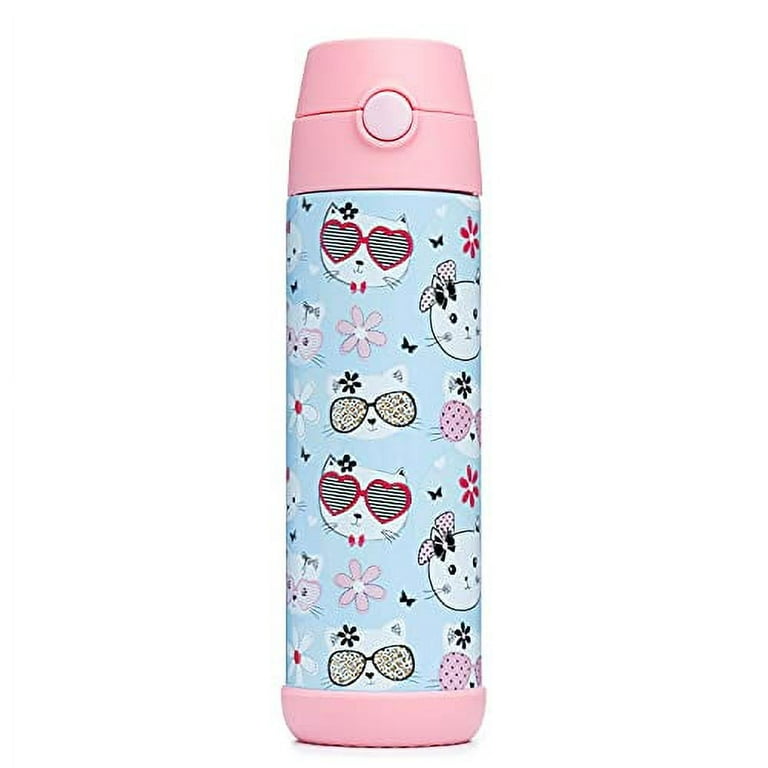 Snug Kids Water Bottle Insulated Stainless Steel Thermos w/ Straw (Girls/Boys) Kitty, 17oz