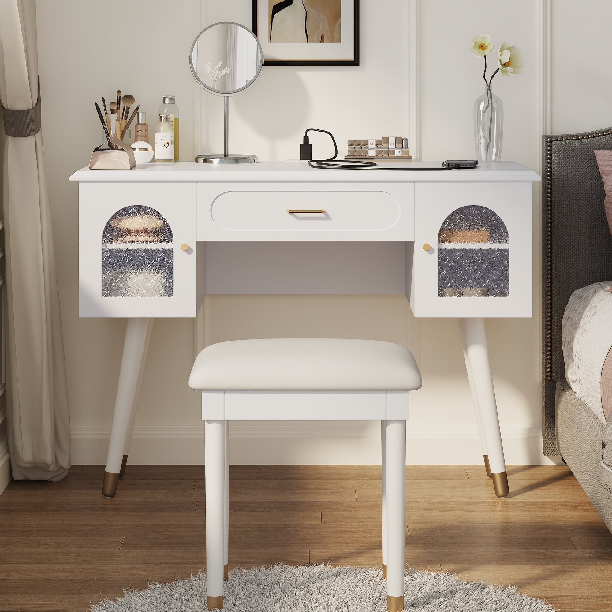 Makeup Vanity Table and Stool Set, Dressing Desk with Charging Station, Storage Cabinet, and Glass Door, Writing Desk with Outlets for Bedroom, White Finish