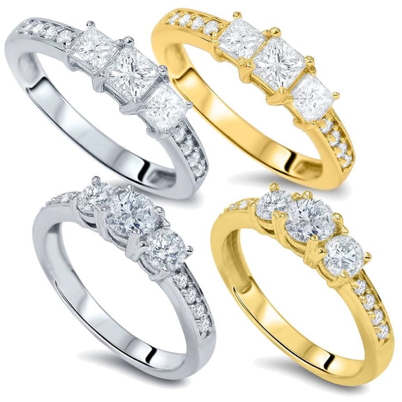 Pompeii 1.00CT 3-Stone Round or Princess Cut Diamond Ring 14K White or Yellow Gold