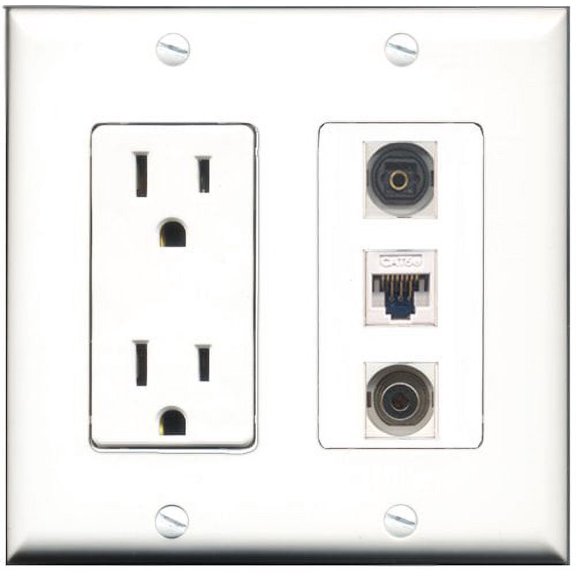 RiteAV - 15 Amp Power Outlet 1 Port Toslink 1 Port 3.5mm 1 Port Cat5e Ethernet White Decorative Wall Plate