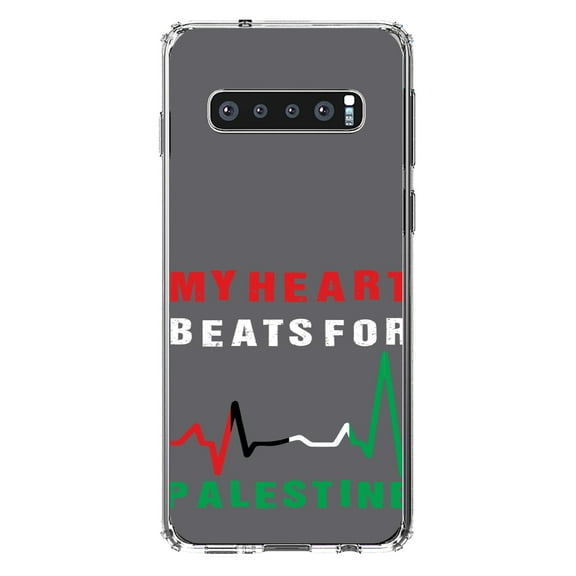 DistinctInk Clear Shockproof Hybrid Case for Samsung Galaxy S10 (6.1" Screen) - TPU Bumper, Acrylic Back, Tempered Glass Screen Protector - My Heart Beats for Palestine