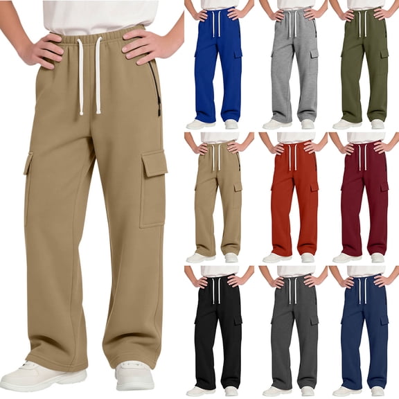 BXJX Boys Cargo Sweatpants Size 10-12 T, Straight-Leg Relaxed Fit Casual Elastic Waist Kids Athletic Pants with Drawstring Khaki