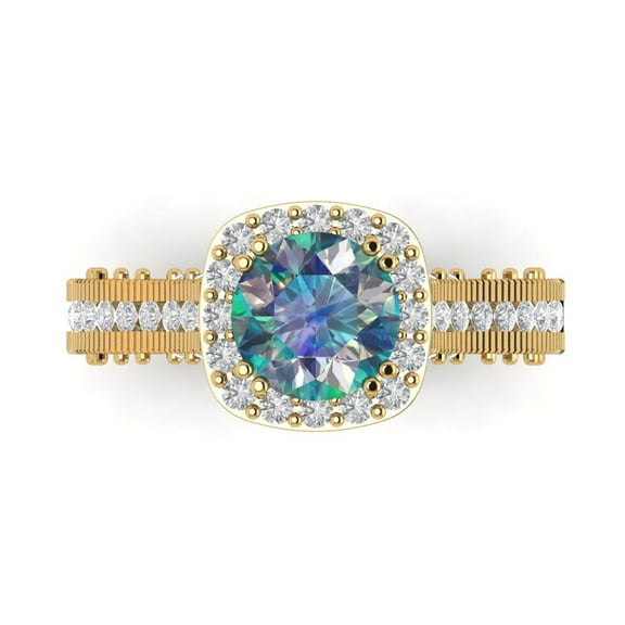 2.7ct Round Cut Blue Moissanite 14k Yellow Gold Engraving Statement Bridal Wedding Halo Designer Ring Size 7.5