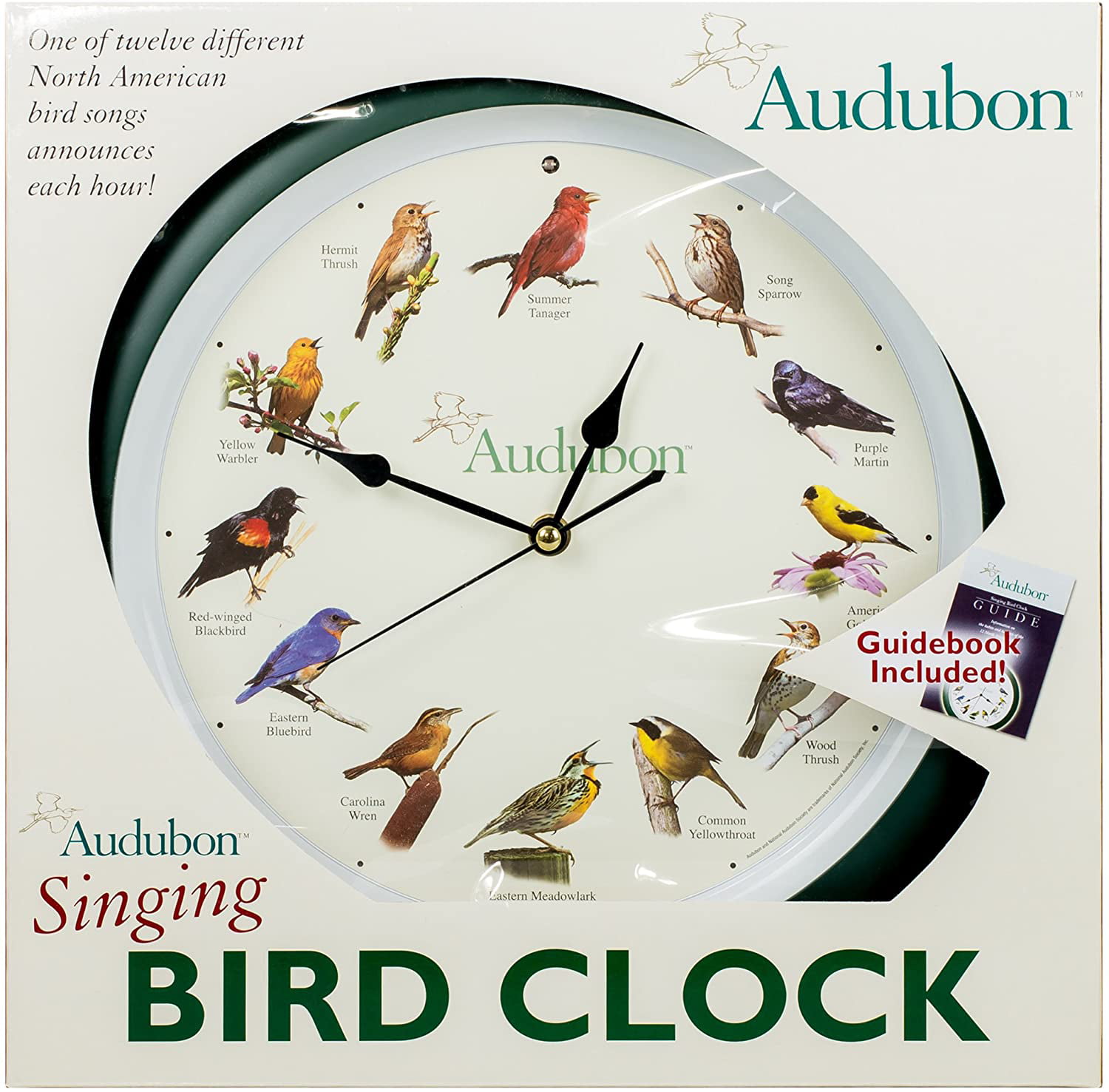 Mark Feldstein Audubon SINGING BIRD CLOCK w/ Light Sensor Wild Birds Songs 13" 