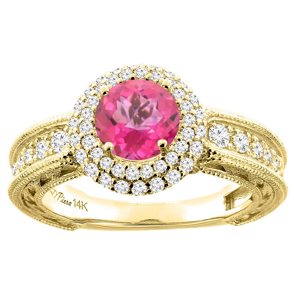 14K Yellow Gold Natural Pink Topaz & Diamond Halo Ring Round 6 mm, size 6 by Gabriella Gold
