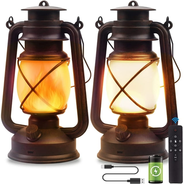 ge Lantern LED Battery Powered Camping Lamp Outdoor Hanging Lantern Flickering Flame Rechargeable Retro Lanterns Remote Control 4 Modes Light Non-Solar 2 Pack