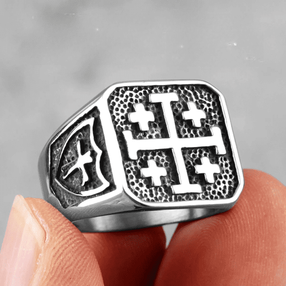 Jerusalem Cross Religion 14K White Gold Mens Rings Simple Retro for Male Boyfriend Biker Jewelry Creativity Gift