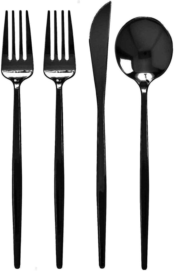 BLACK SILVERWARE SET Plastic Flatware 96 PC Set Opulence